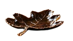 Glossy brown enamel leaf-shaped tray with textured vein detailing and metallic accents.