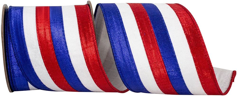 4-inch patriotic metallic red, white, and blue striped wired edge deluxe dupioni ribbon.