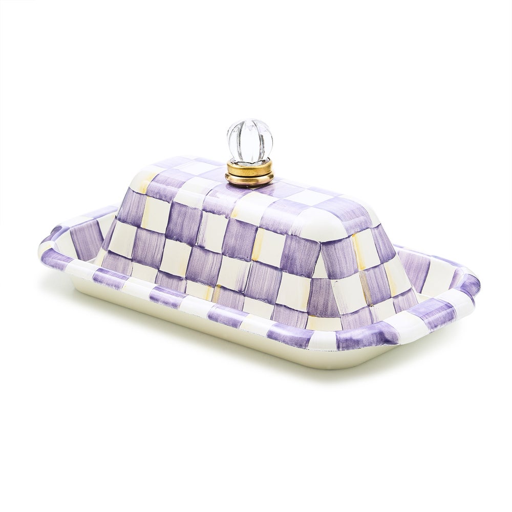 Hand-glazed steel butter box with violet checkered enamel pattern, brass accents, and glass lid.