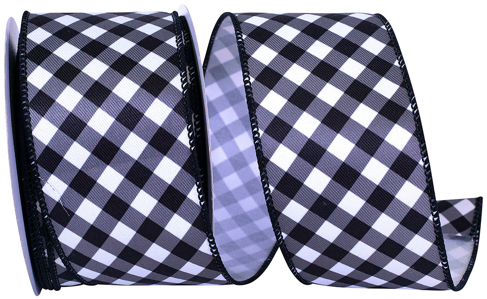 Gingham Diagonal Twill wired edge trim in white with black diagonal stripes.