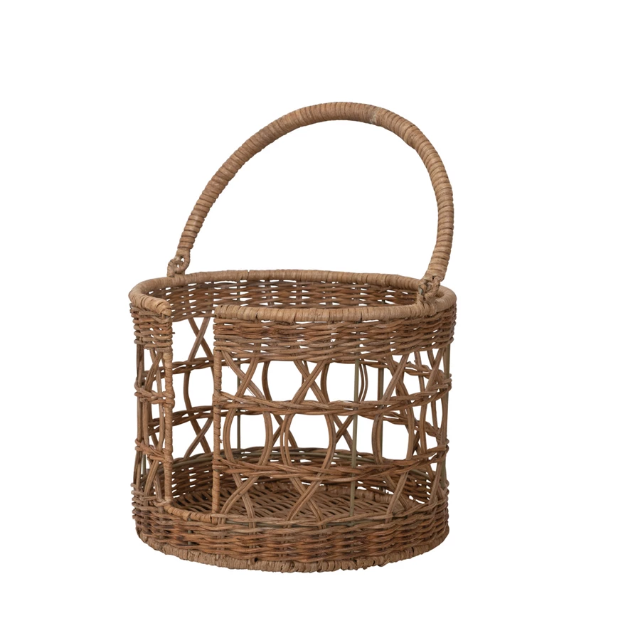 Round hand-woven wicker plate basket with handle in natural beige tones
