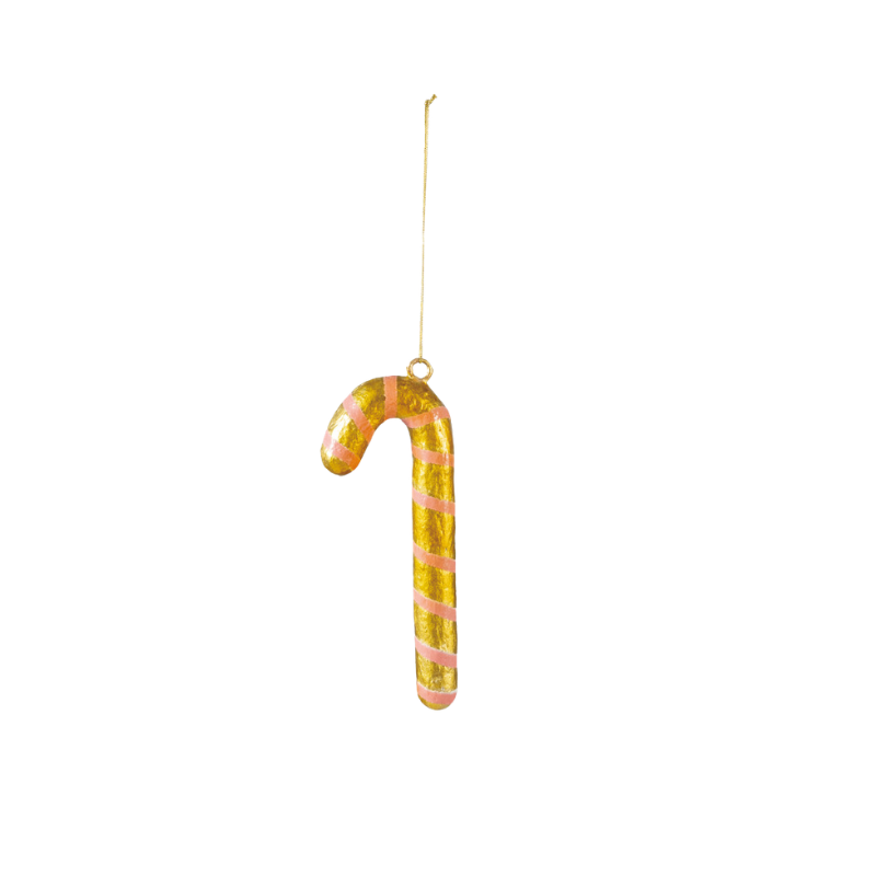 Handcrafted gold and pink striped metal and paper mache candy cane ornament with hanging string.