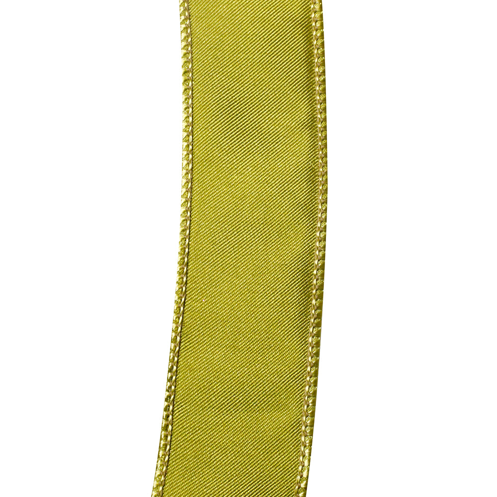 7/8 inch iridescent chartreuse satin ribbon with wired edges and a diagonal weave pattern.