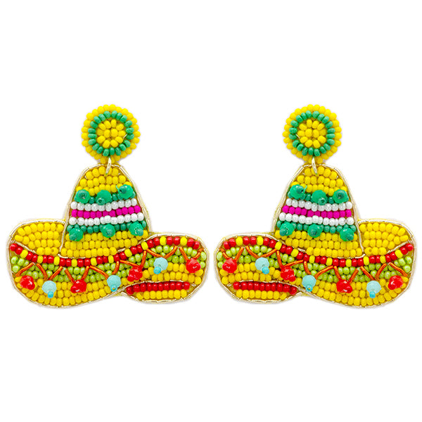 Silver beaded Cinco de Mayo earrings featuring a festive sombrero pattern with colorful beads.