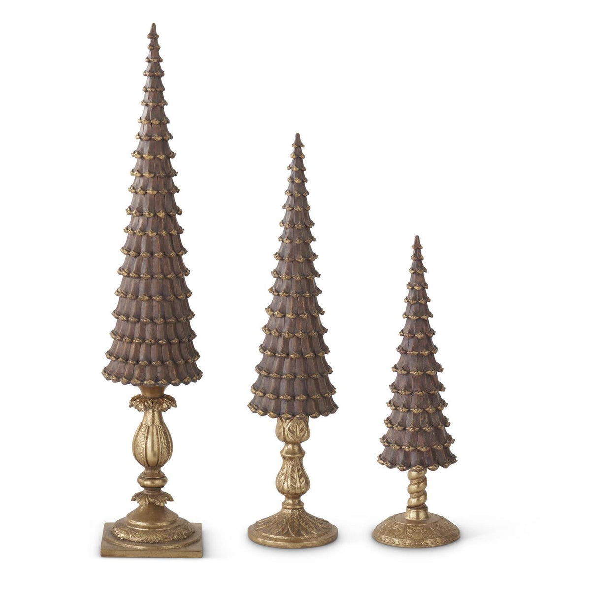Set of three resin pinecone-shaped trees in varying heights with brown scales and gold bases.