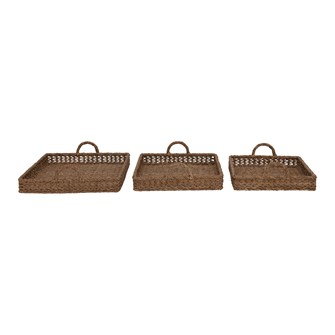 Square hand-woven water hyacinth tray with handles in natural beige tones.