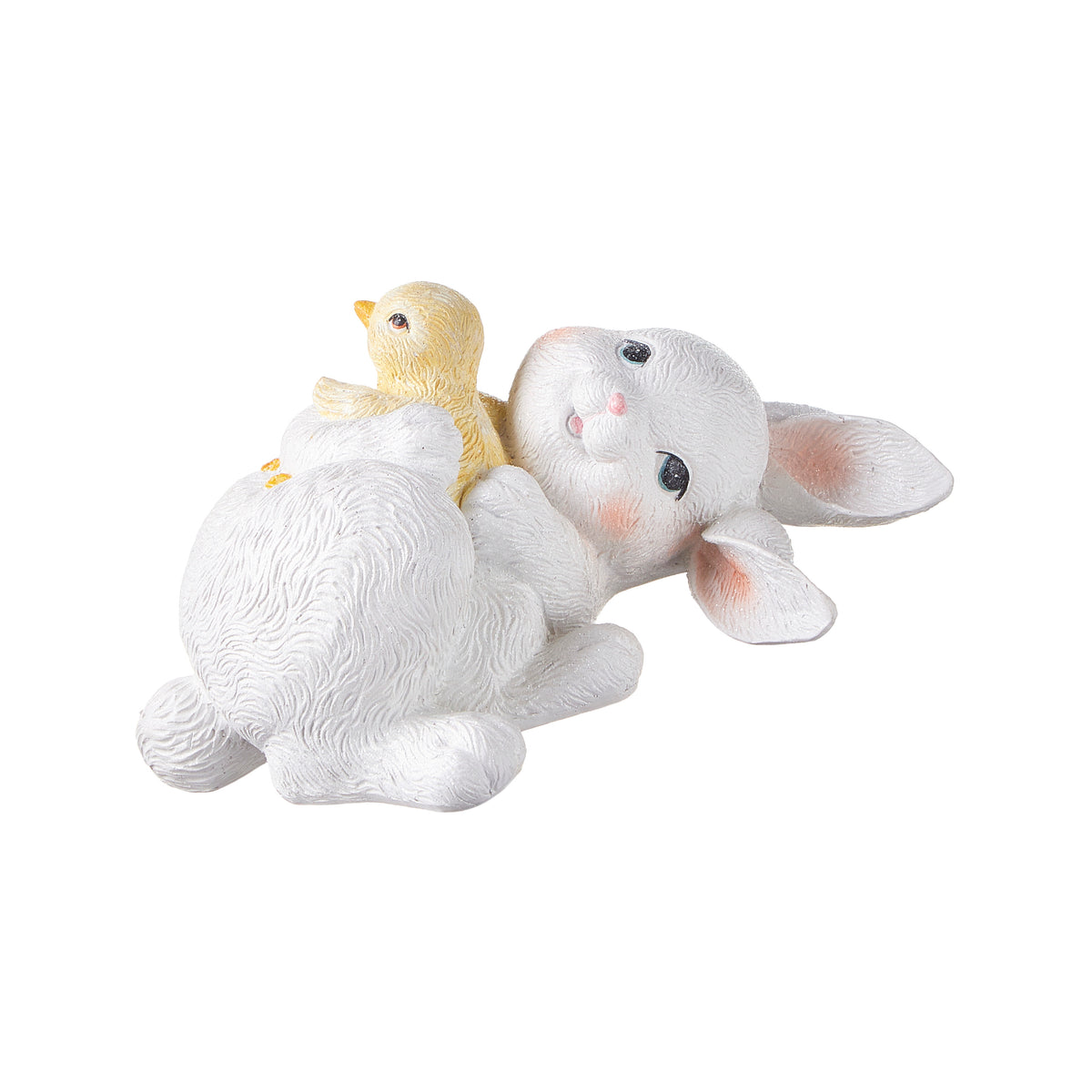 9.25-inch glittered bunny figurine holding a chick