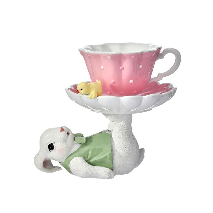6.5-inch white resin bunny figurine holding a teacup