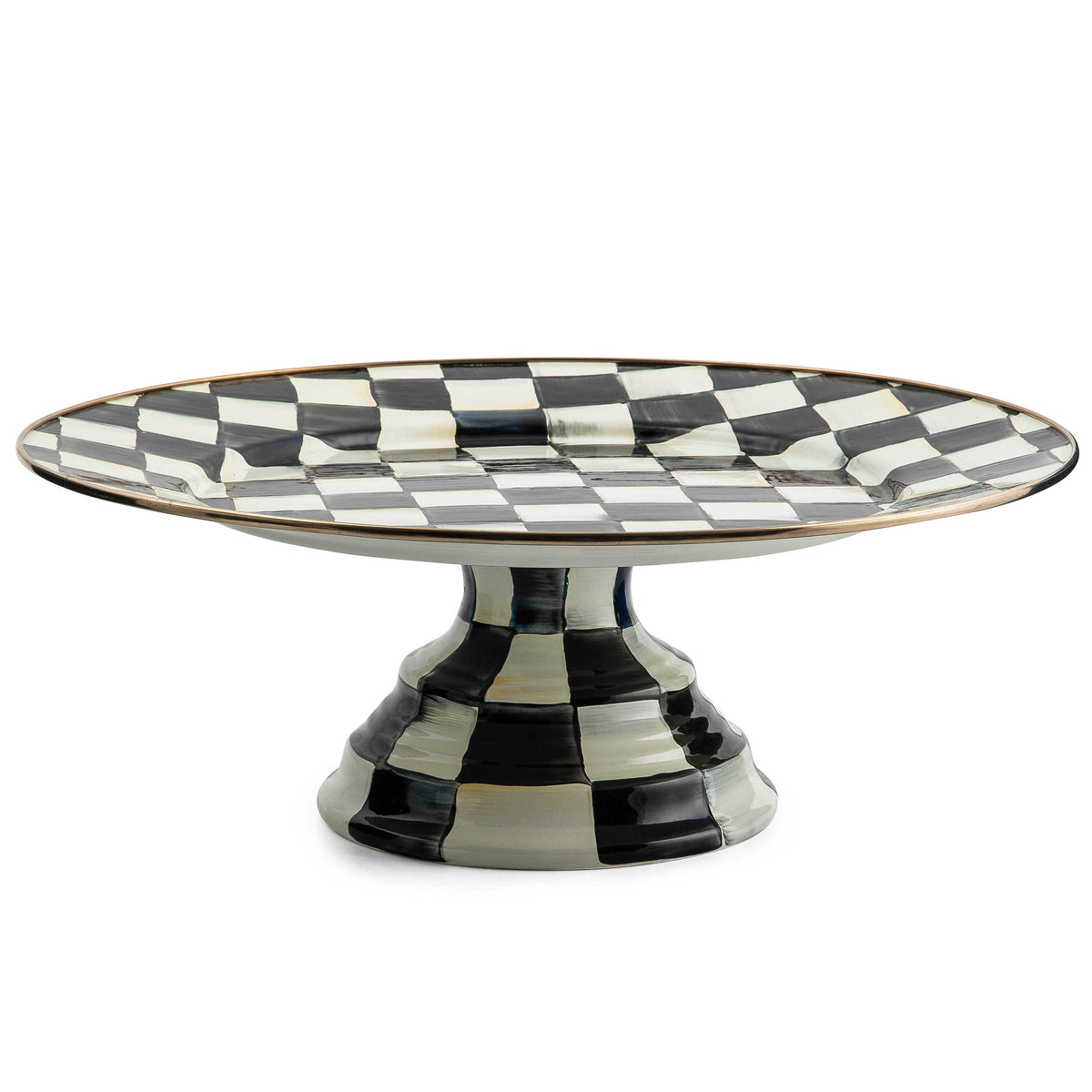 Large Courtly Check enamel pedestal platter with hand-painted black and white checkered pattern.
