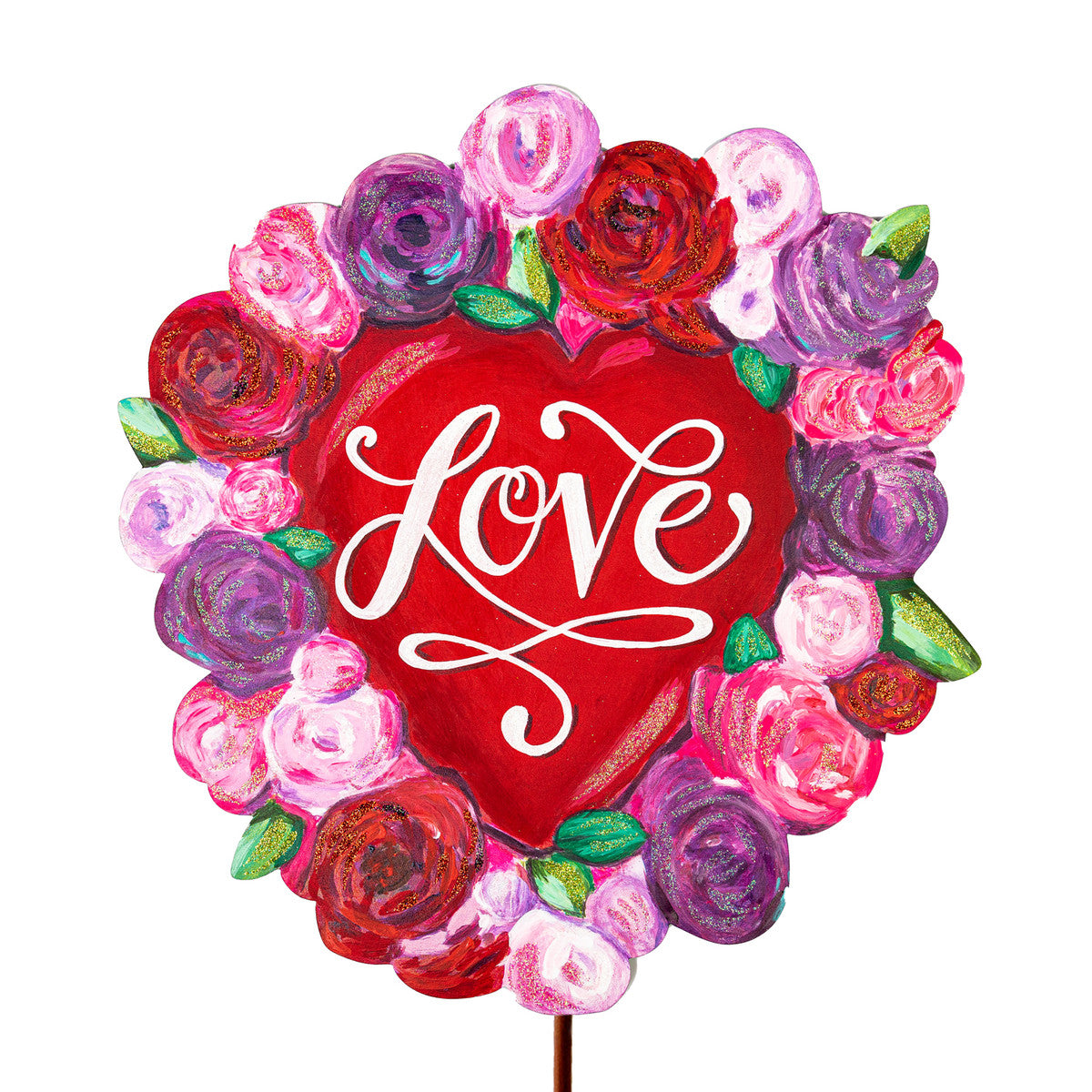 Floral heart-shaped sign with 'Love' text in a botanical pattern