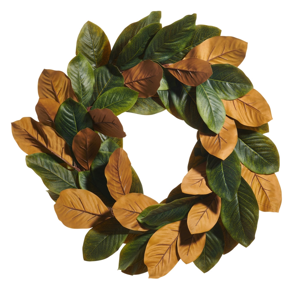 30-inch round magnolia wreath with natural green foliage and white flower accents.