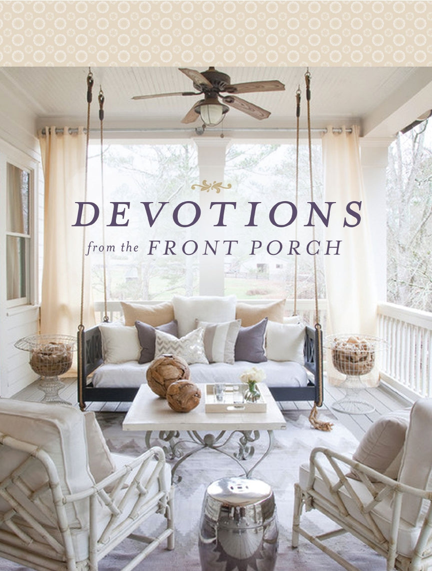 Cover of Devotions From The Front Porch book featuring a cozy porch with a swing and white furniture.