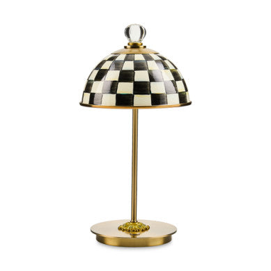 Rechargeable dome table lamp with hand-painted checkered pattern in mild steel and glazed enamel.
