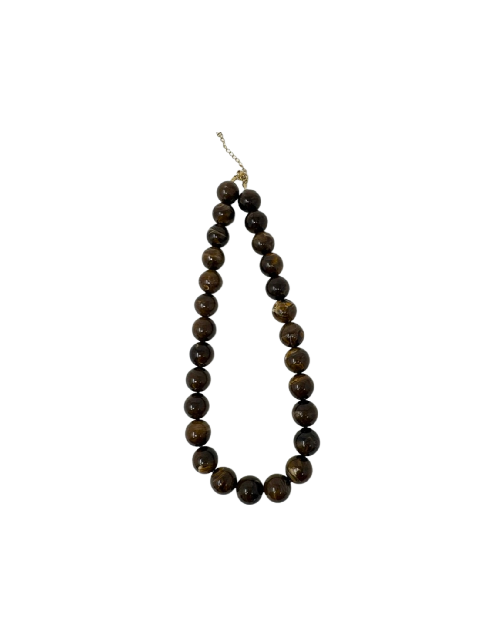 Chunky bead statement necklace with large, marbled brown and black round beads on a gold chain.