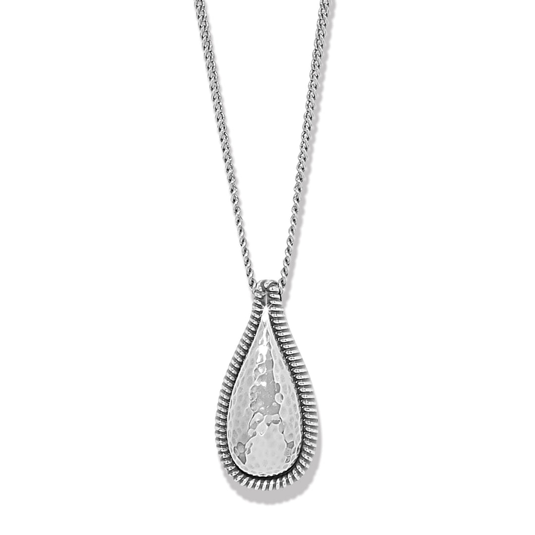 Silver plated Ferrara La Crima necklace with lobster claw closure on a silver chain.