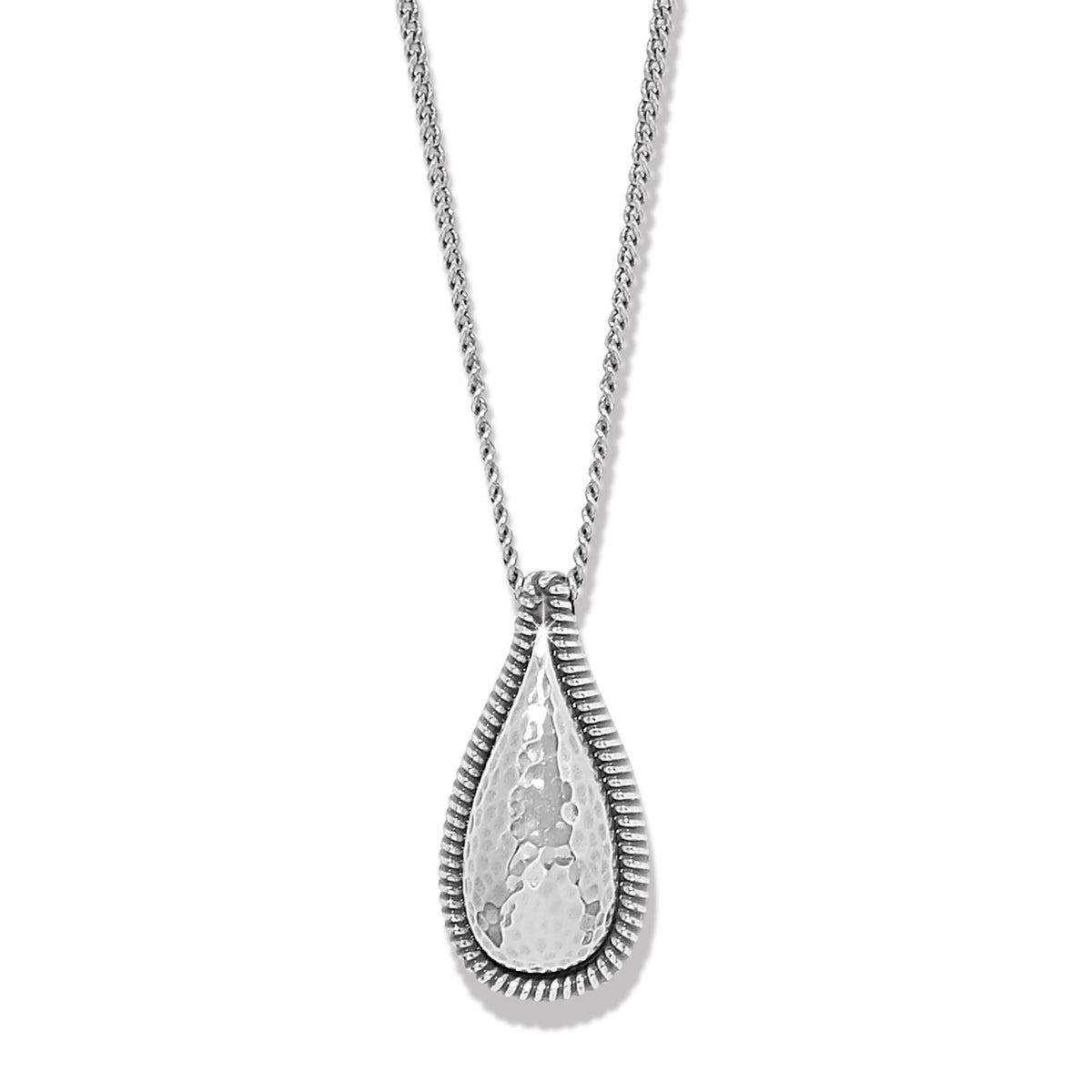 Silver plated Ferrara La Crima necklace with lobster claw closure on a silver chain.