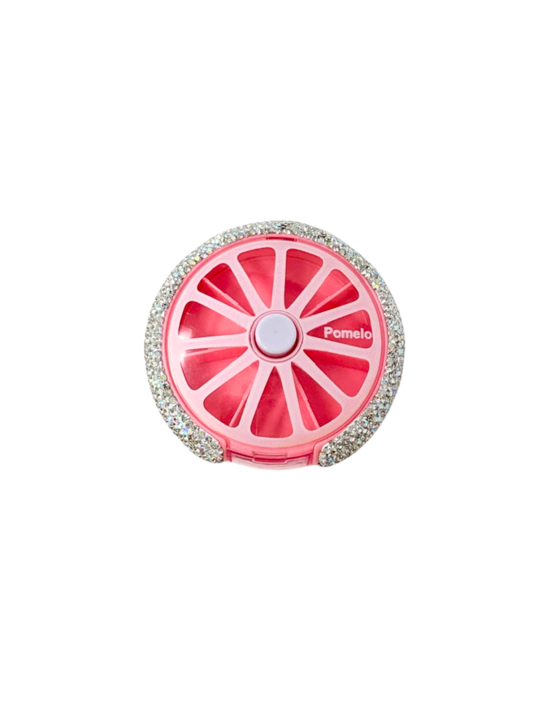 Pink circular pill organizer with 7 slots and a rhinestone-encrusted border.