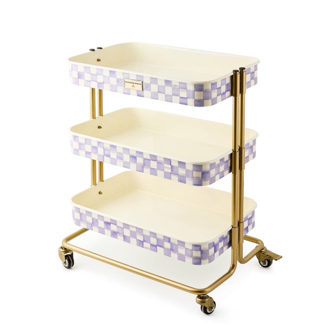 Violet check steel kitchen cart with three tiers featuring hand-painted patterned trays and a powder-coated frame.