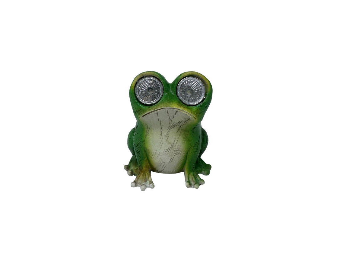 Green resin frog garden statue with large solar-powered LED eyes on a white background.
