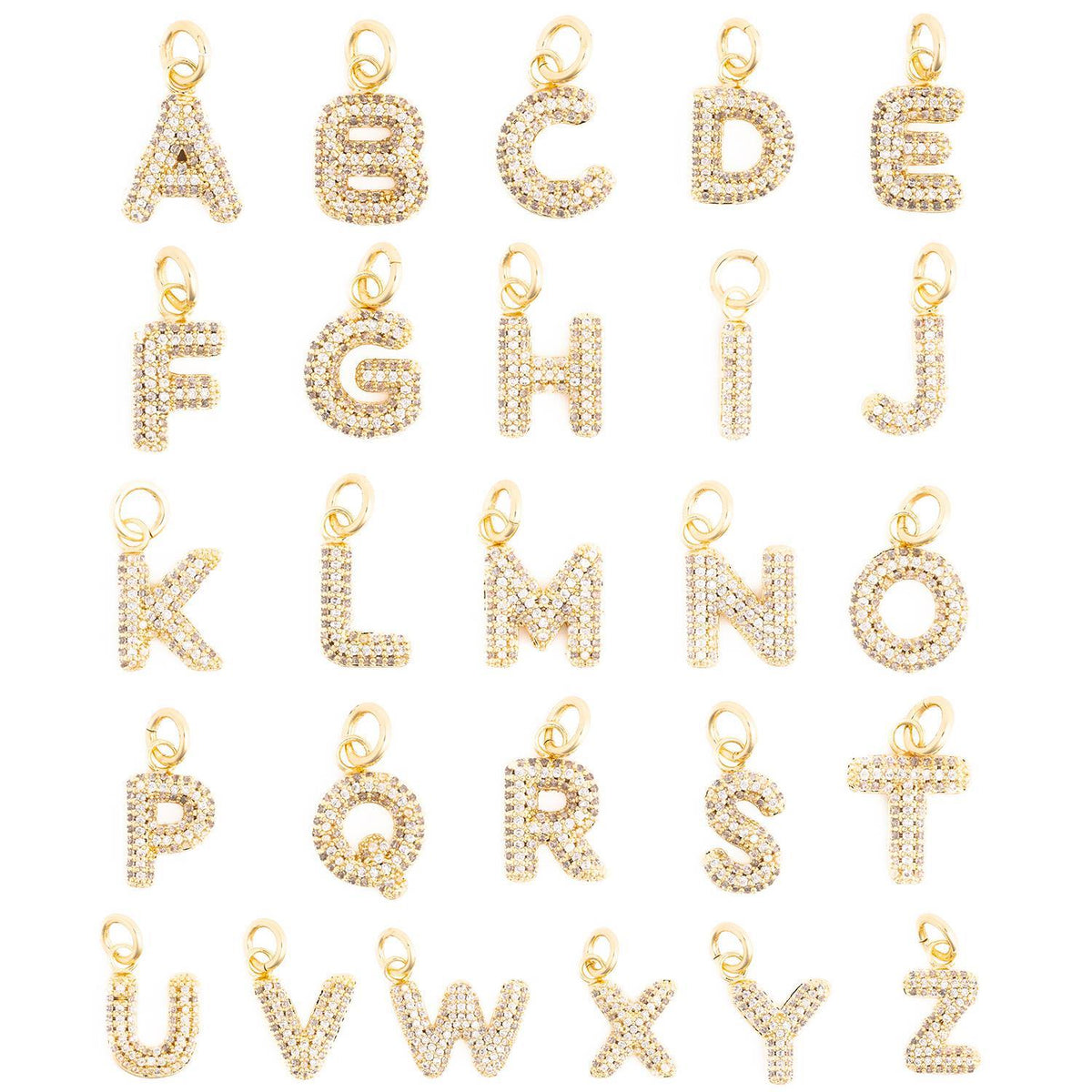 A collection of gold-plated initial charms with sparkling pave crystals from A to Z.
