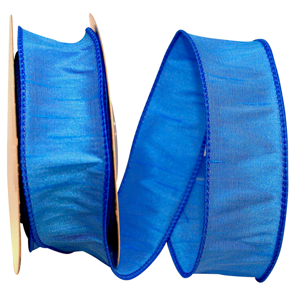 1.5-inch blue Dupioni wired edge ribbon on a spool.