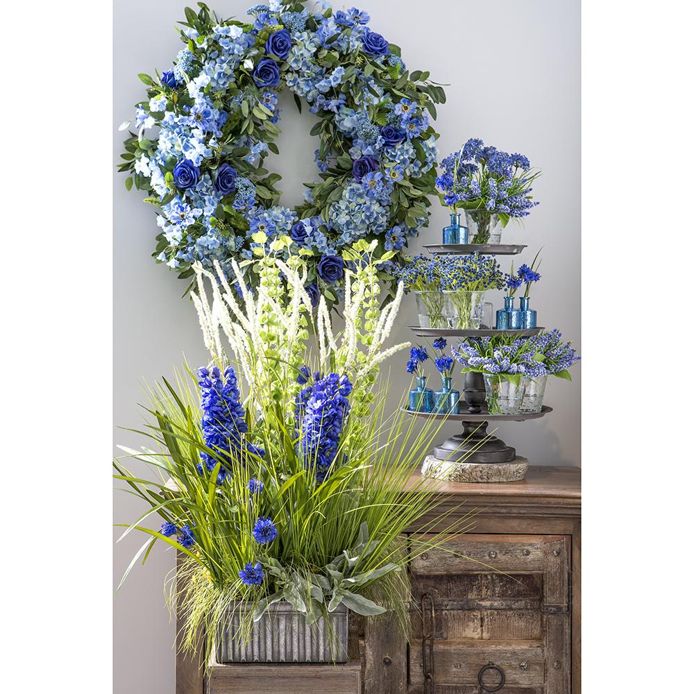 Artificial cornflower bush with twelve blue royal flowers made from polyester plastic wire