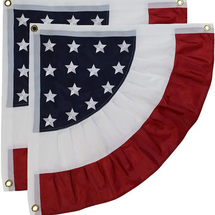 Two patriotic ruffle corner bunting flags with red white blue stripes brass grommets and low profile pleats