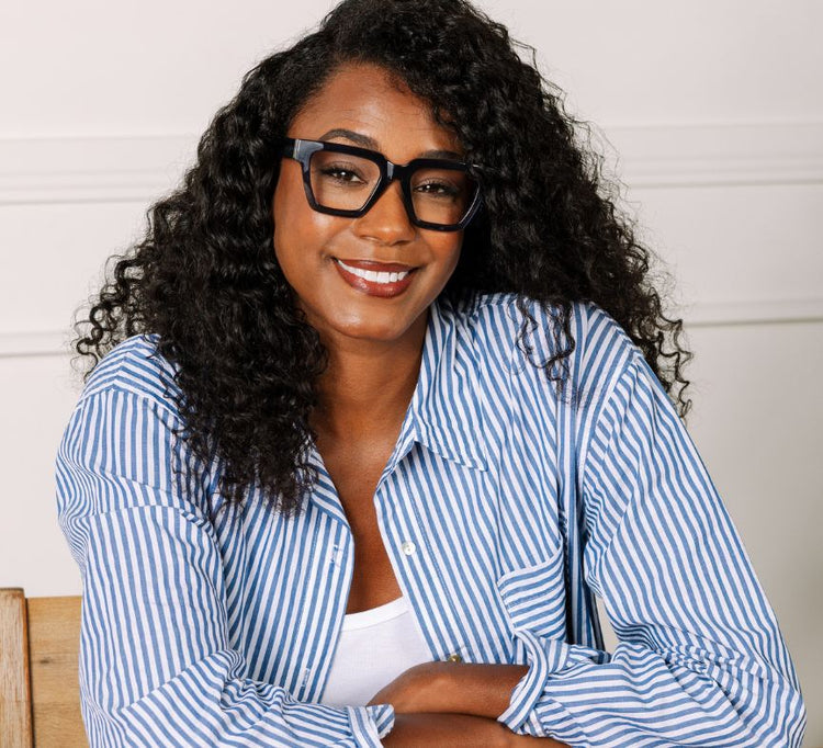 Take a Bow Progressives eyeglasses with rPc recycled polycarbonate frames and blue light focus lenses.