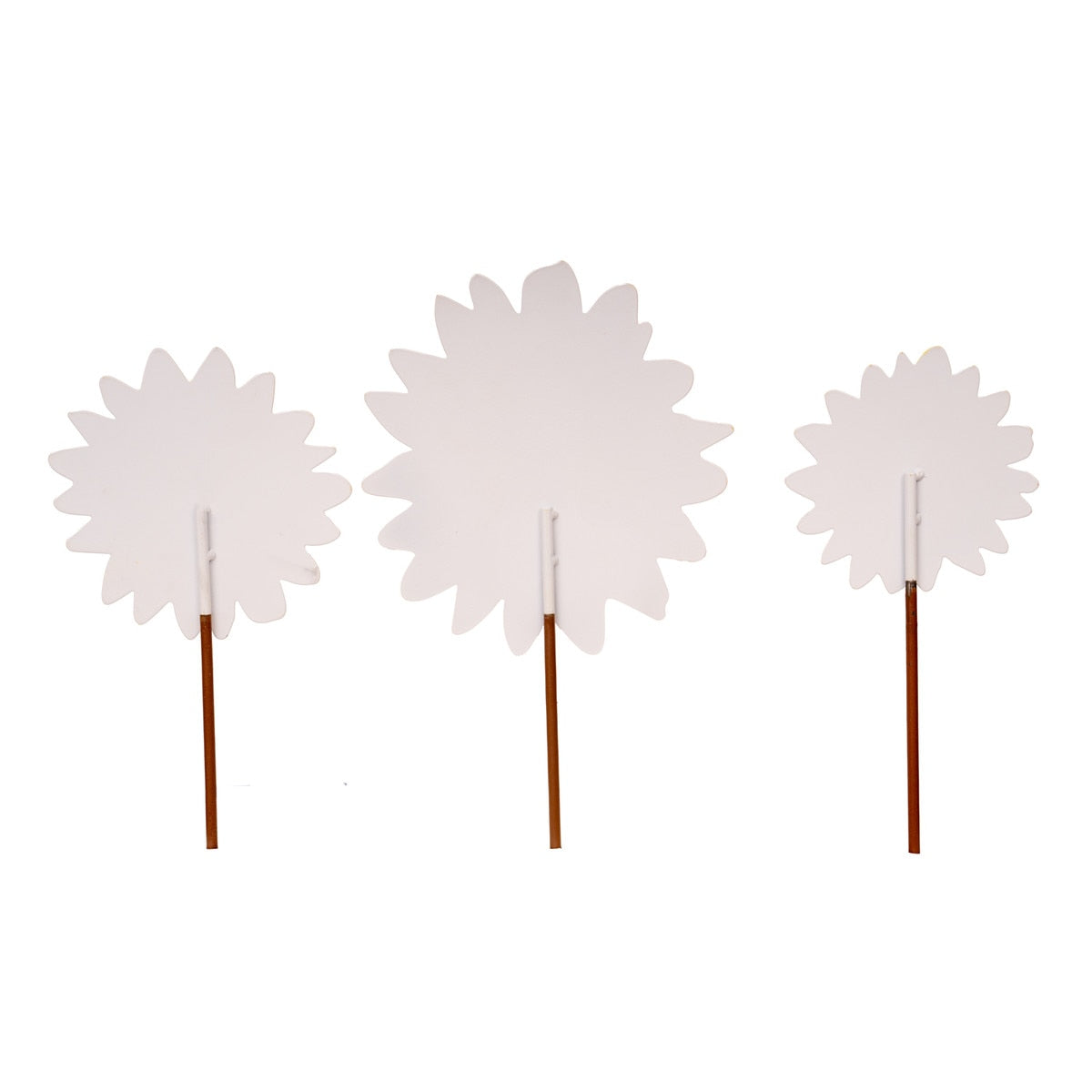 Three white metal sunflower garden stakes of varying sizes with brown stems.
