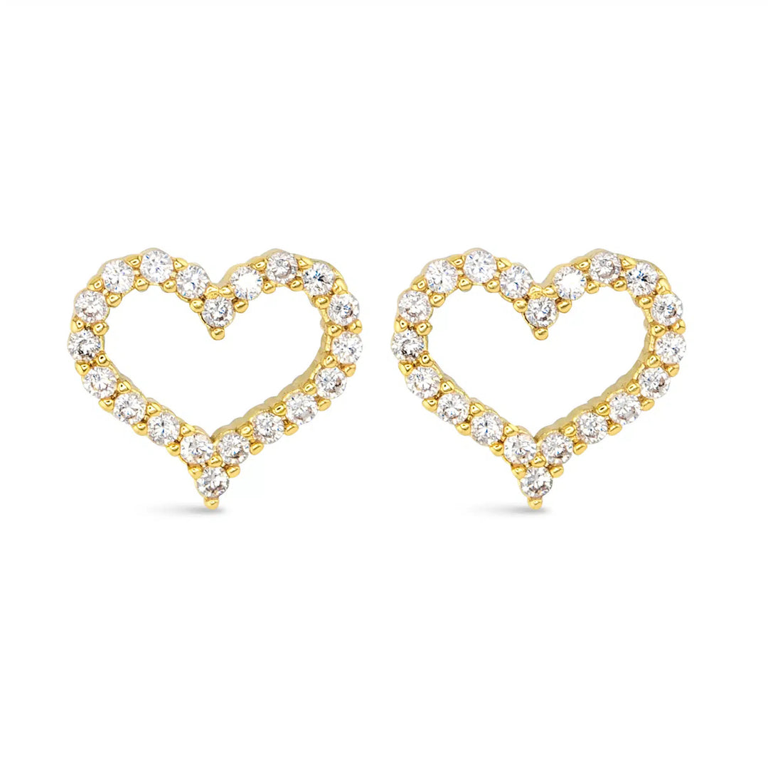 Pair of gold heart-shaped stud earrings with pavé-set cubic zirconia stones.