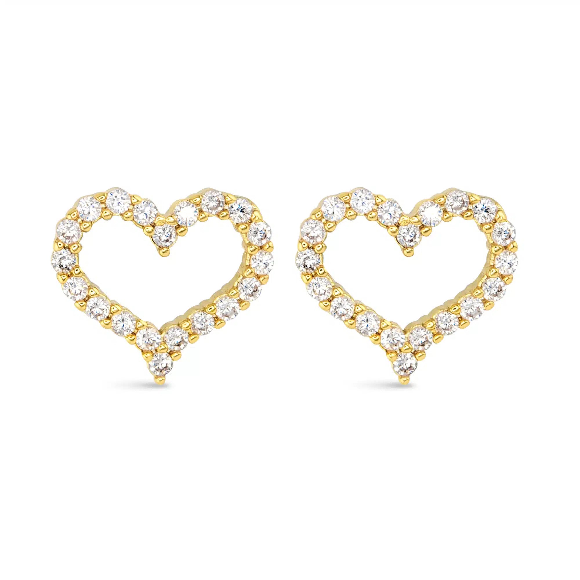 Pair of gold heart-shaped stud earrings with pavé-set cubic zirconia stones.
