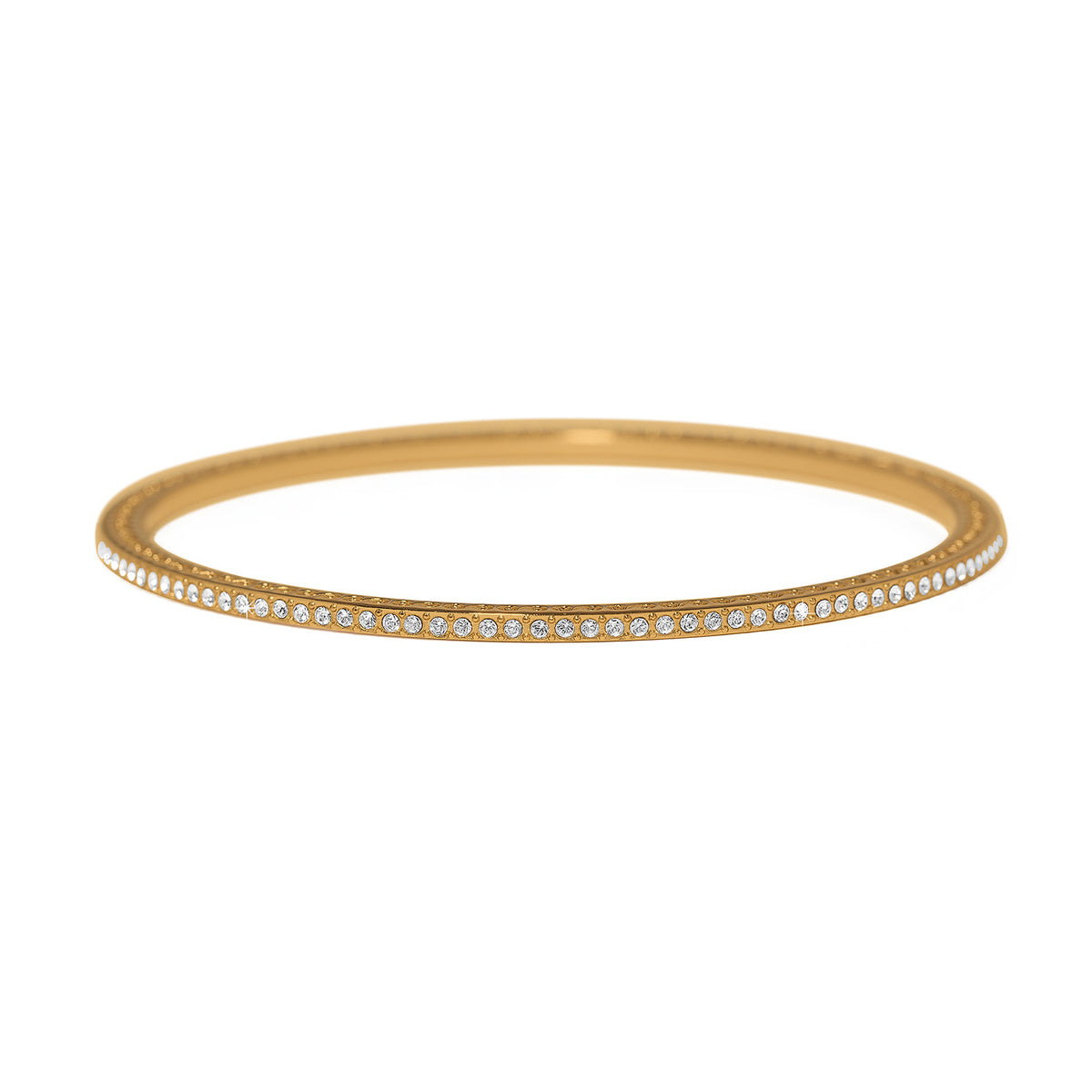 Gold plated thin bangle bracelet featuring fine quality crystals in a sleek circular silhouette.