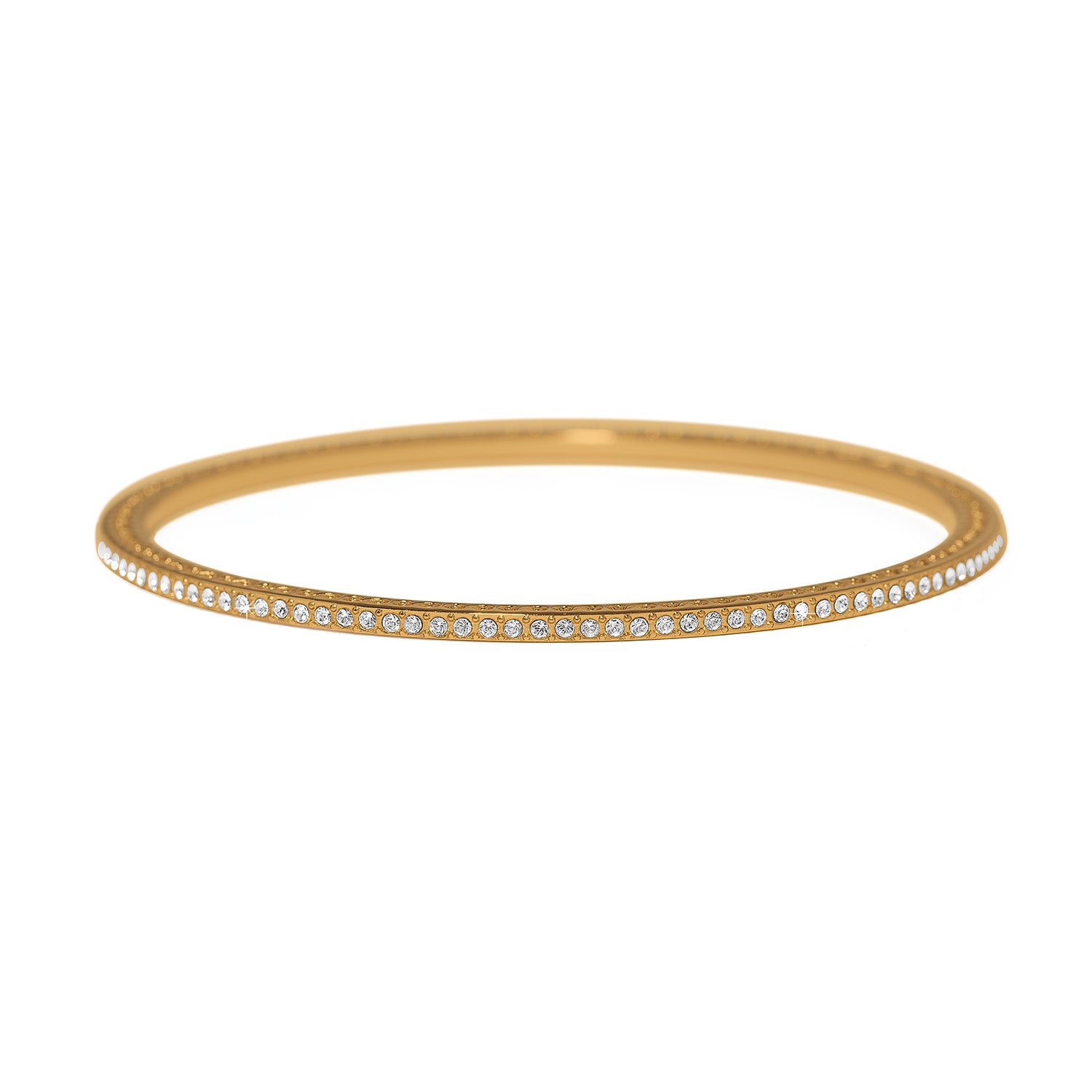 Gold plated thin bangle bracelet featuring fine quality crystals in a sleek circular silhouette.