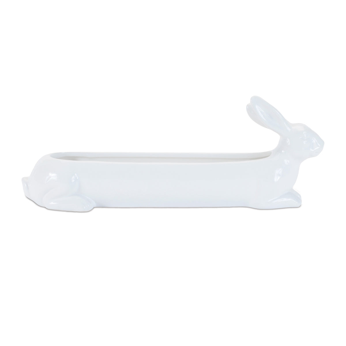 Ceramic rabbit-shaped container measuring 15 inches long with a natural glazed finish.