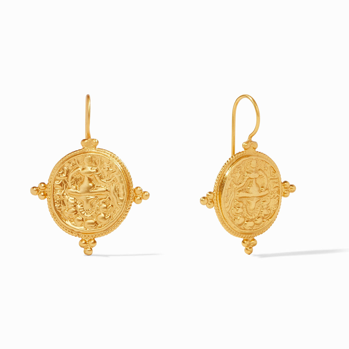 Gold plated Quatro coin earring with beaded edge and trefoil accents