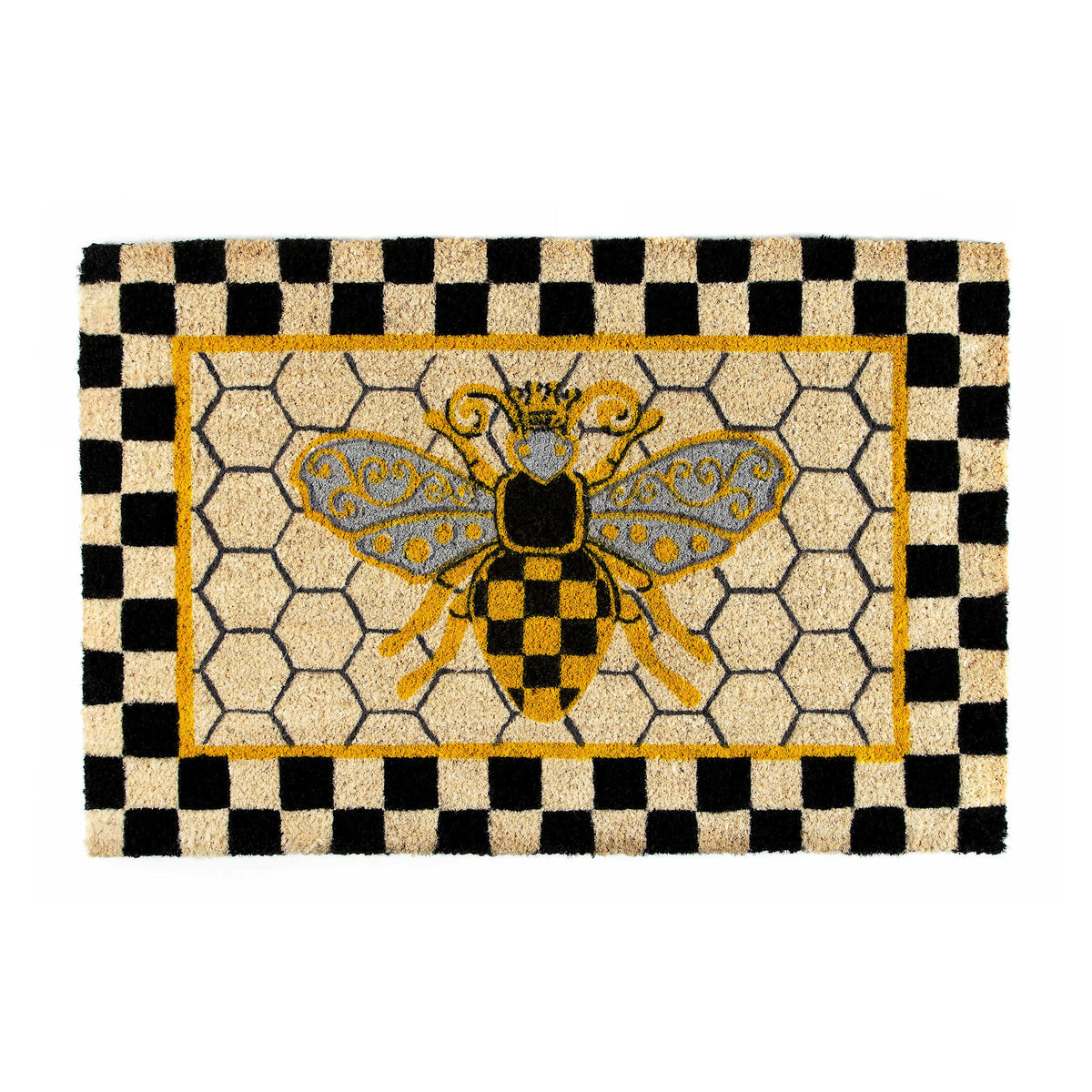 Natural coir entrance mat with buzzing bee print bordered in check pattern
