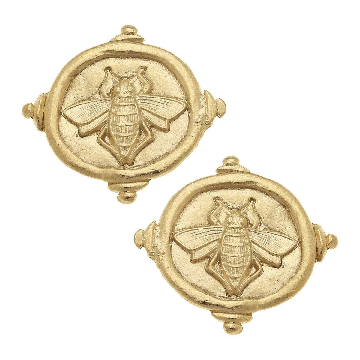 Triple-plated gold Queen Bee intaglio stud earrings with a bee motif silhouette.