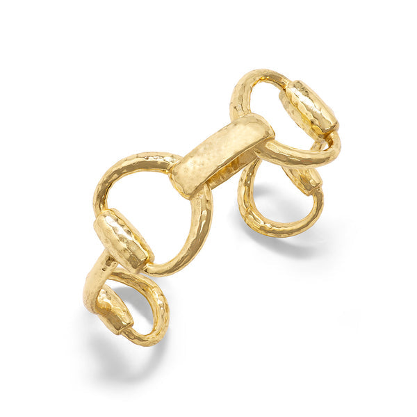Gold equestrian snaffle bit cuff with natural material finish