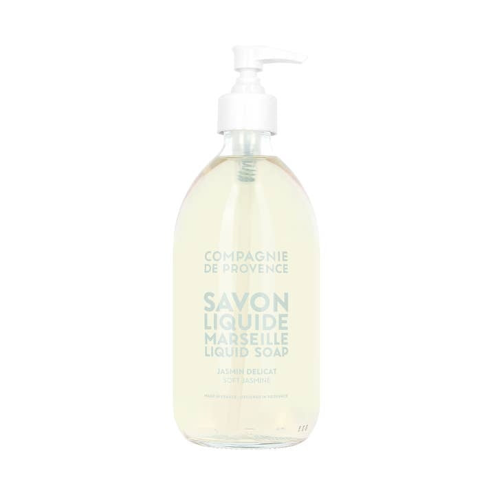 Compagnie de Provence Liquid Marseille Soap in a 16.7 fl oz glass pump bottle, Soft Jasmine scent.