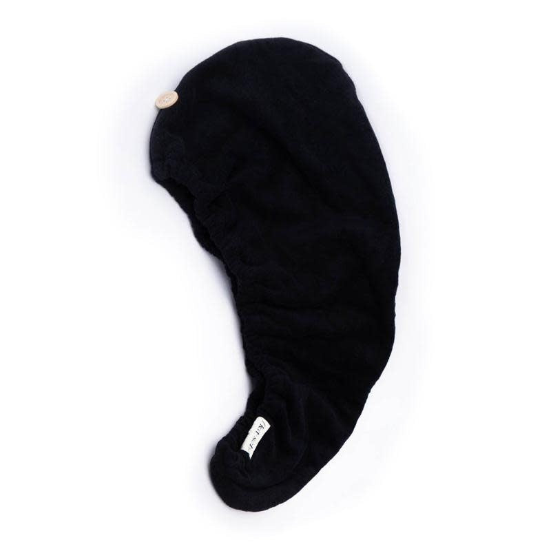 Black eco-friendly quick dry hair towel made from organic cotton and bamboo with stretch elastic trim.