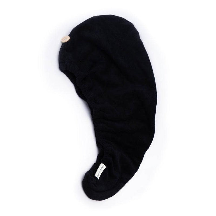 Black eco-friendly quick dry hair towel made from organic cotton and bamboo with stretch elastic trim.