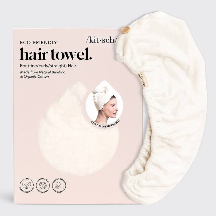 Ivory quick-dry hair towel made from organic cotton and bamboo with stretch elastic trim.