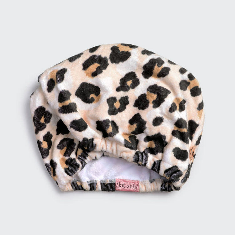 Leopard print quick dry hair towel made from organic cotton and bamboo with stretch elastic trim.