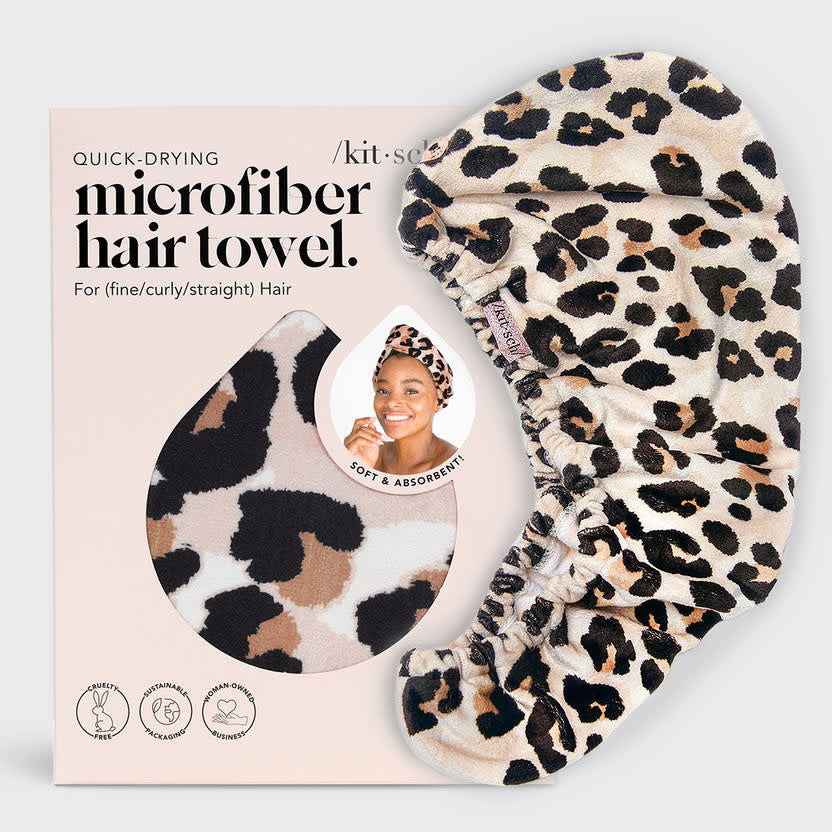 Leopard print quick dry hair towel made from organic cotton and bamboo microfiber with stretch elastic trim.