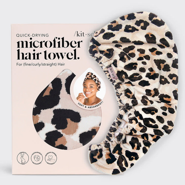 Leopard print quick dry hair towel made from organic cotton and bamboo microfiber with stretch elastic trim.