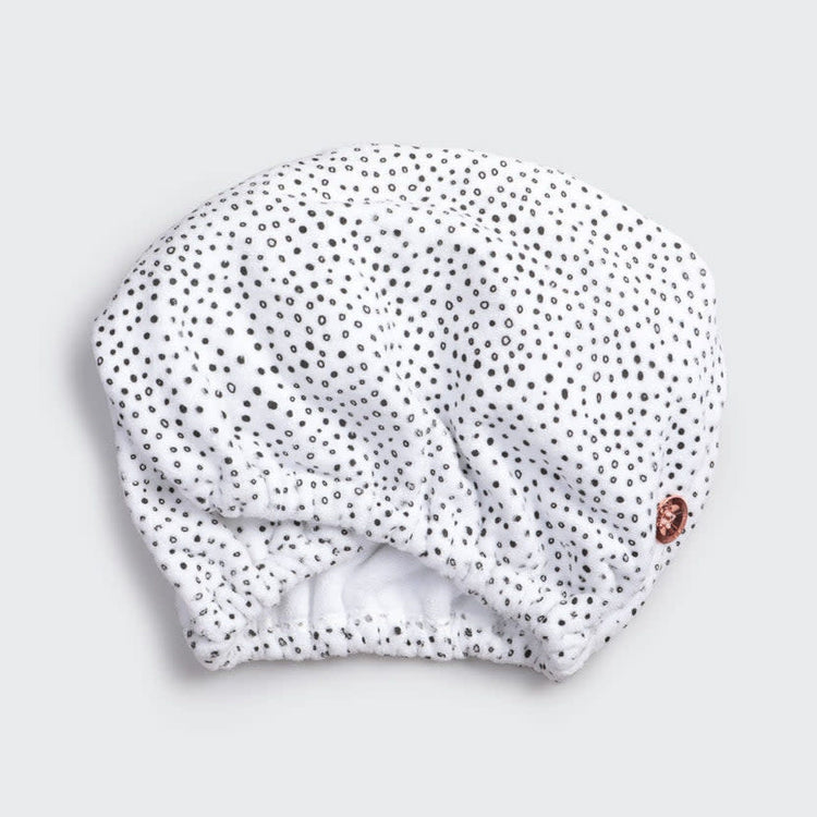 Quick dry hair towel in micro-dot pattern made from organic cotton and bamboo with stretch elastic trim.