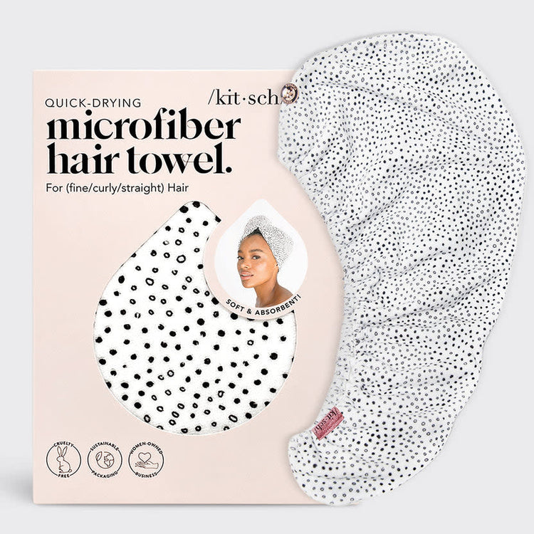 Quick dry hair towel in micro-dot pattern made from organic cotton and bamboo with stretch elastic trim.