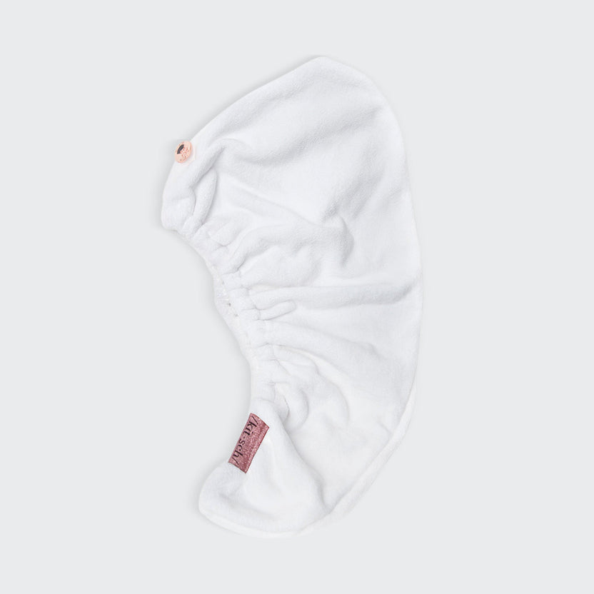 White organic cotton and bamboo quick dry hair towel with stretch elastic trim
