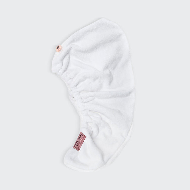 White organic cotton and bamboo quick dry hair towel with stretch elastic trim