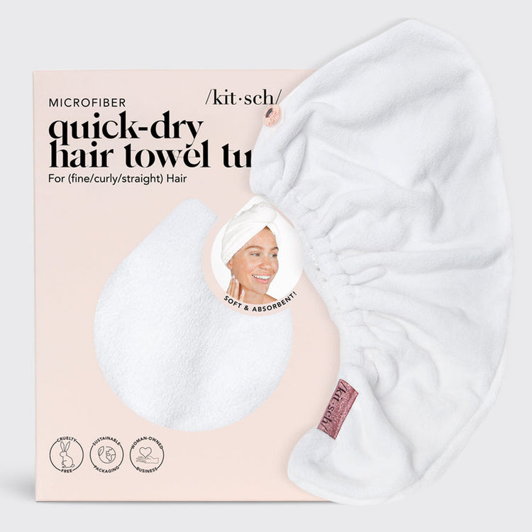 White quick-dry hair towel made from organic cotton and bamboo with stretch elastic trim.